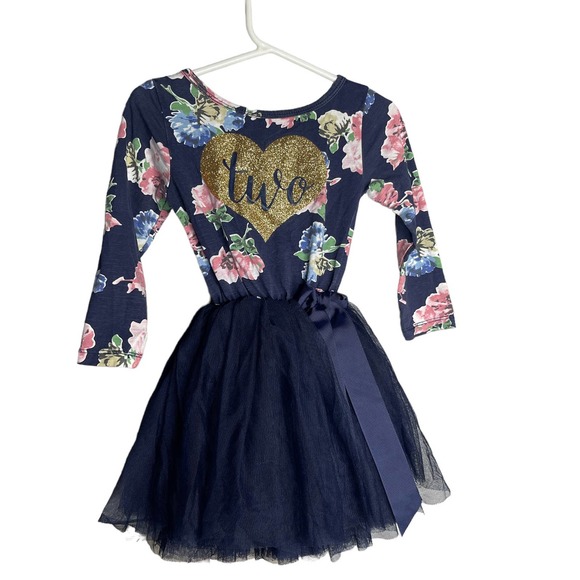 Birthday Dress Girls 2T Blue Floral‎ Tutu Party Long Sleeve Milestone Two Heart - Picture 1 of 8